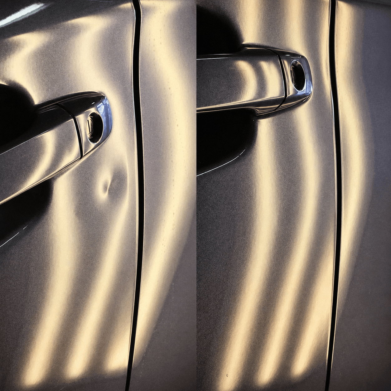 Car door dent before and after paintless dent repair