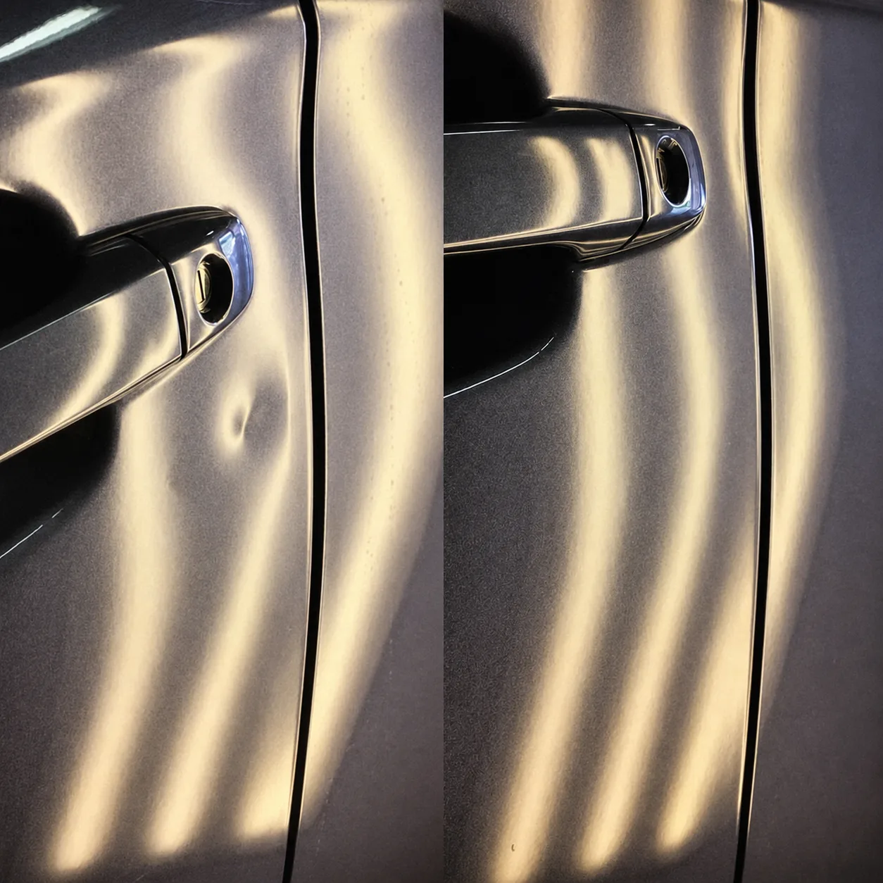Car door dent before and after paintless dent repair