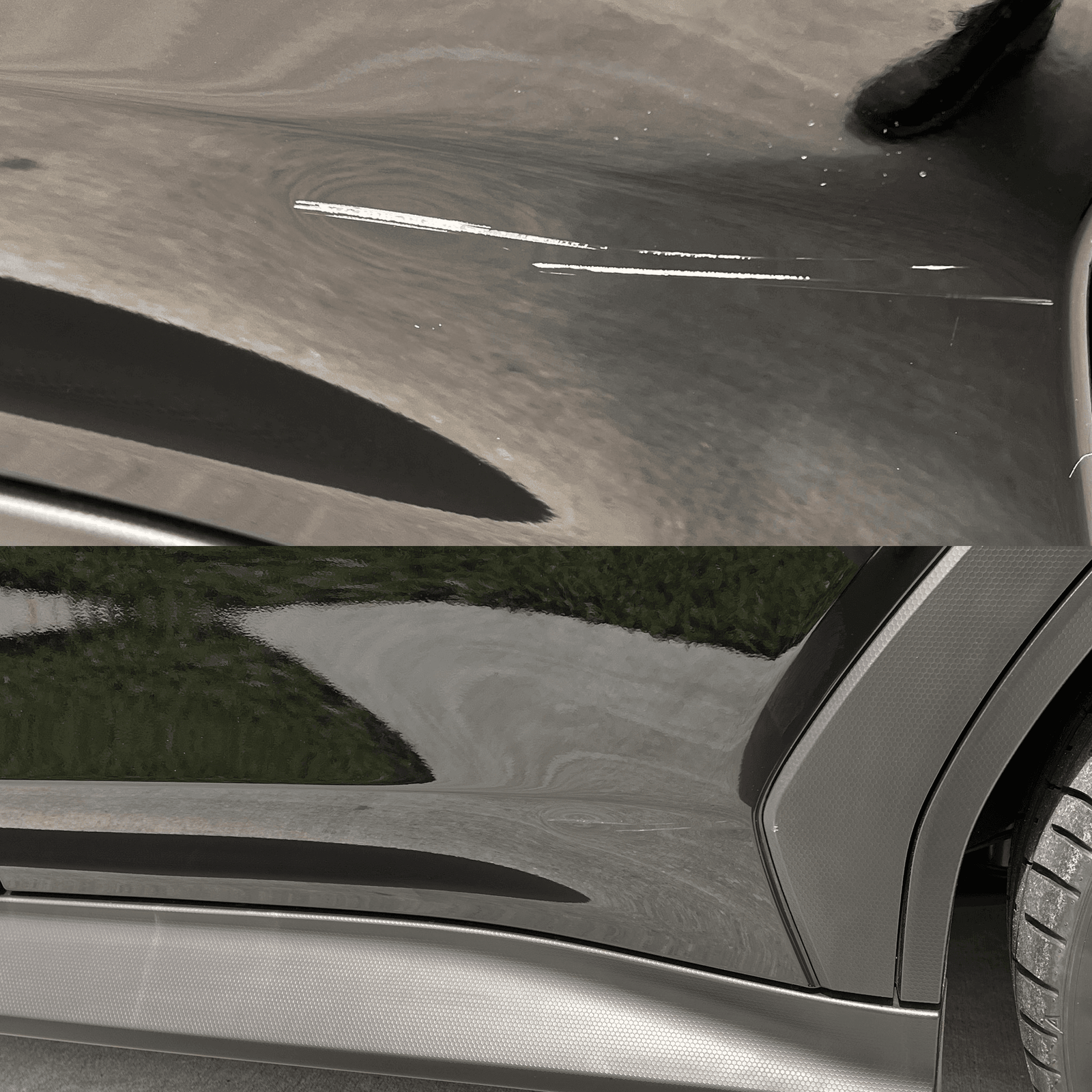 Deep paint scratch on a vehicle panel before and after scratch removal