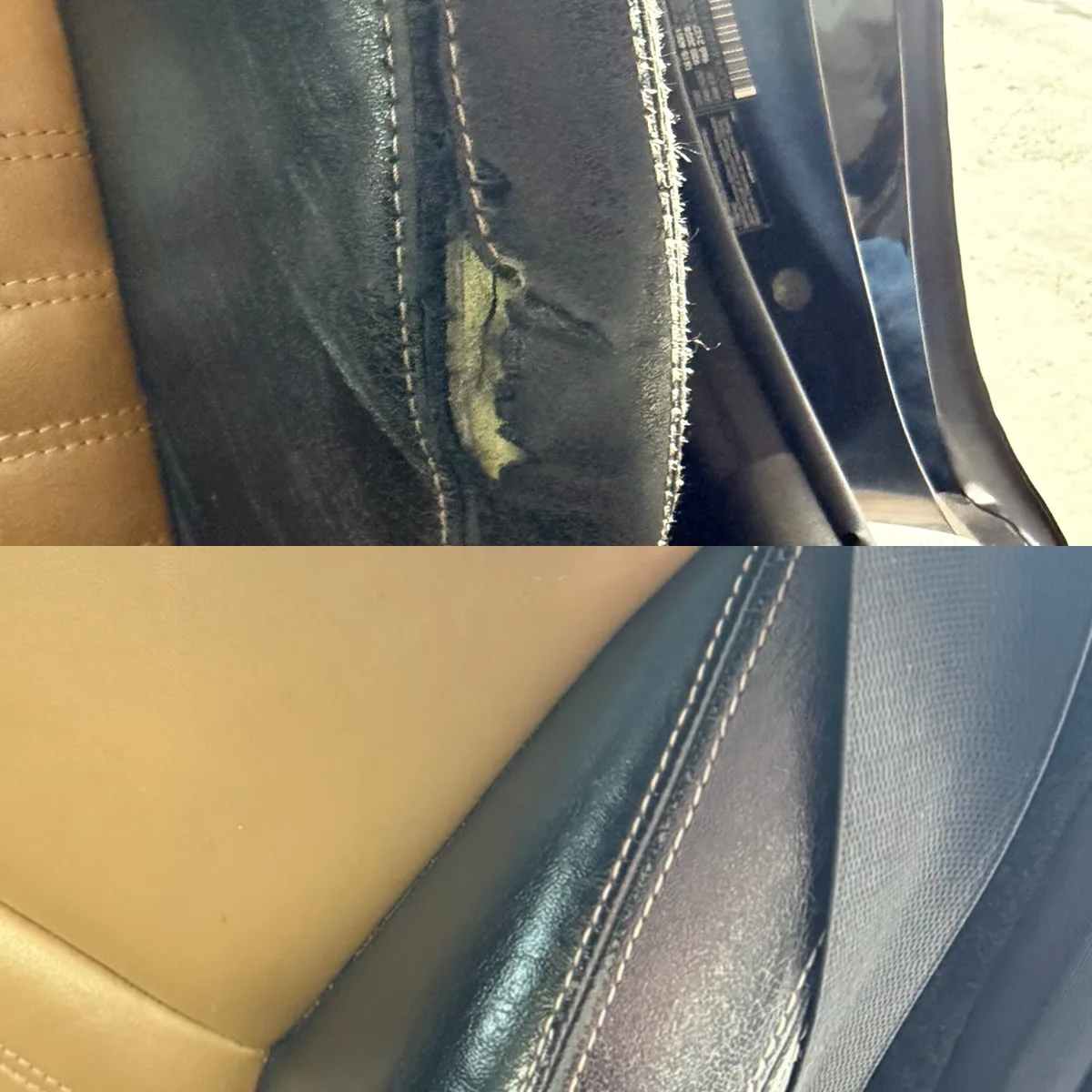 Torn leather seat bolster before and after leather repair