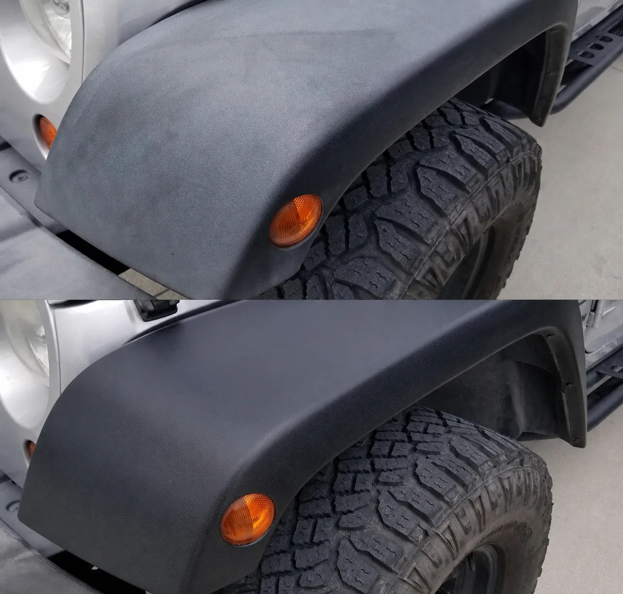 Faded plastic fender flare before and after exterior trim restoration
