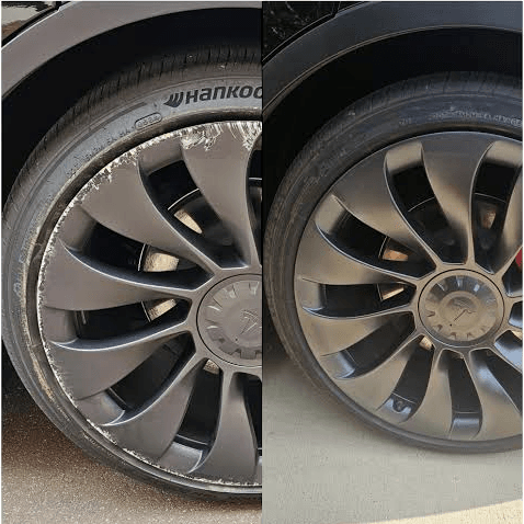 Wheel with curb rash before and after wheel repair