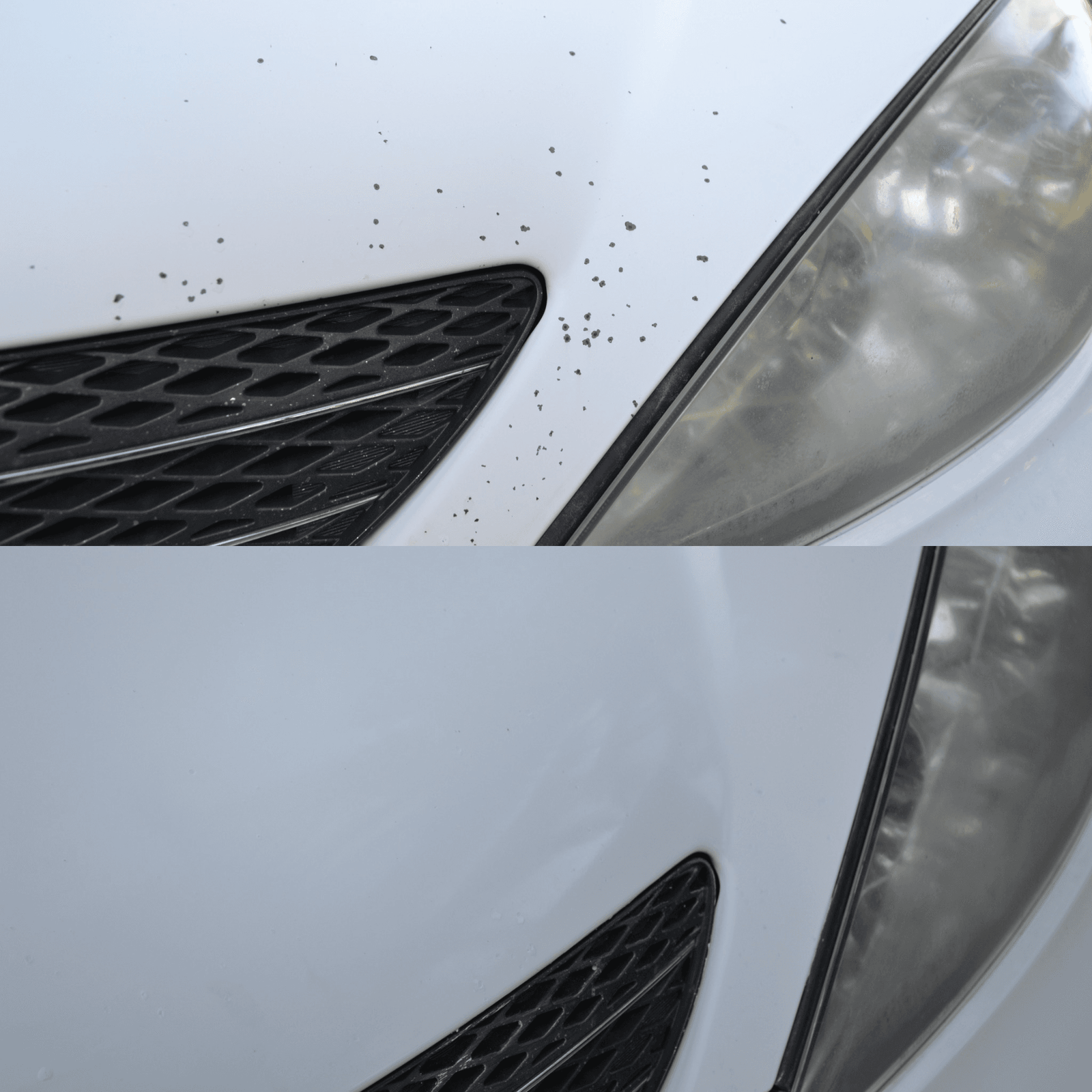 White vehicle front end before and after overspray removal and headlight restoration